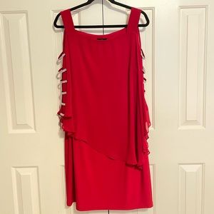 Pretty Red Cocktail Dress w/ Rhinestone Cold Shoulder & Sheer Poncho Overlay, 16